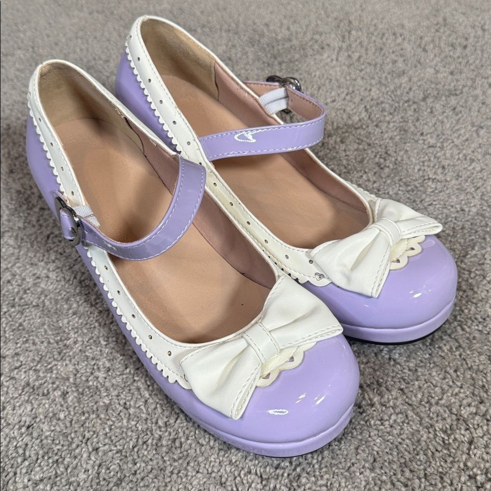 Women’s Purple Chunky Heel Mary Jane Pumps Cute Bow & Hearts Round Toe Size 6